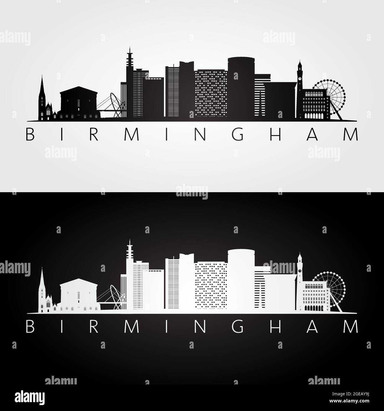 Silhouette des gratte-ciel et des repères de Birmingham, design noir et blanc, illustration vectorielle. Illustration de Vecteur