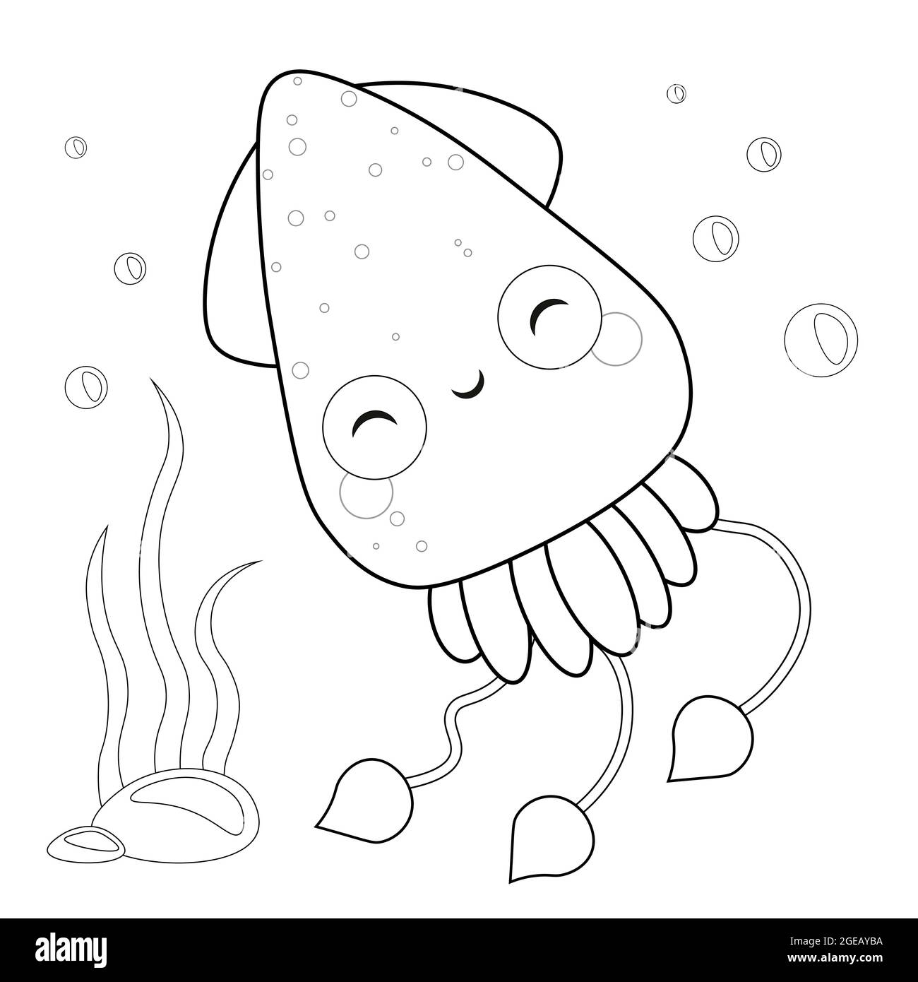 Illustration présentant une couleur. Mignon calmar coloriage page vecteur Illustration isolé sur blanc. vie marine coloriage page. Illustration de Vecteur