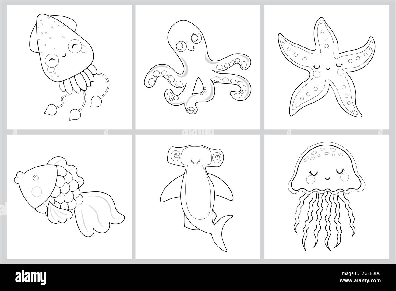 Illustration présentant une couleur. Mignon ensemble coloriage page vecteur Illustration isolé sur blanc. page coloriage vie marine. Illustration de Vecteur
