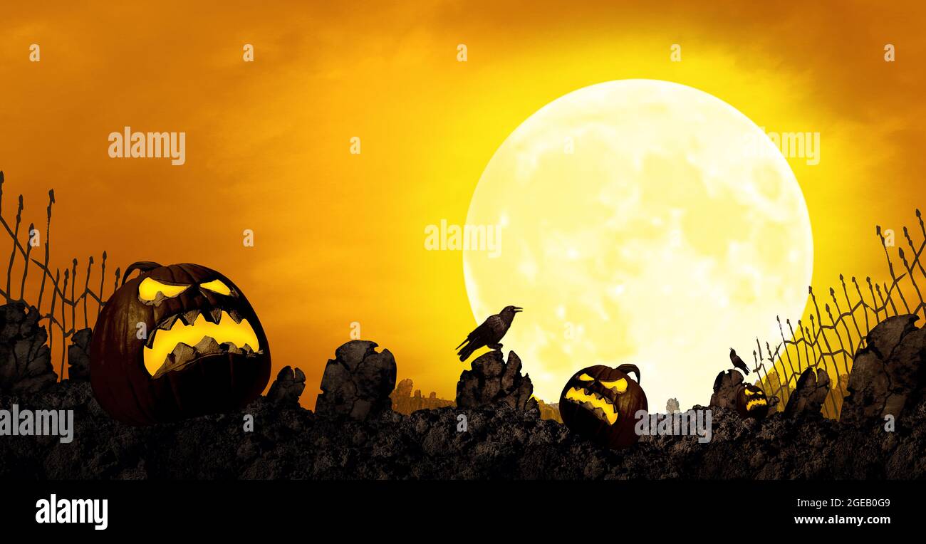 Arrière-plan orange clair de lune d'Halloween et bordure de la saison d'automne avec des monstres citrouilles à la citrouille et à la citrouille en forme de citrouille et à la citrouille avec des éléments d'illustration en 3D. Banque D'Images