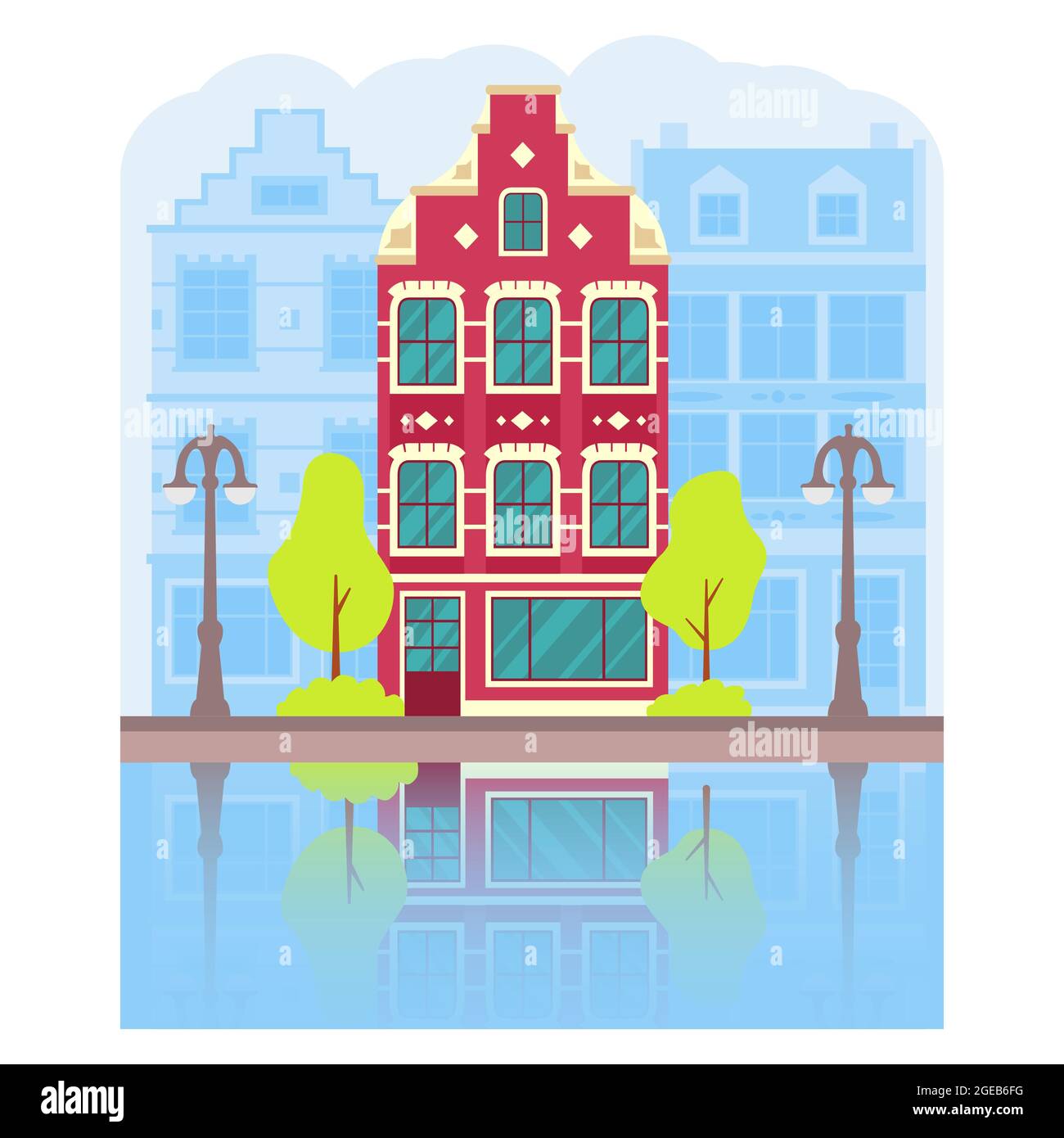 Canal.rue avec façades de maisons. Silhouette de maisons. Illustration de Vecteur