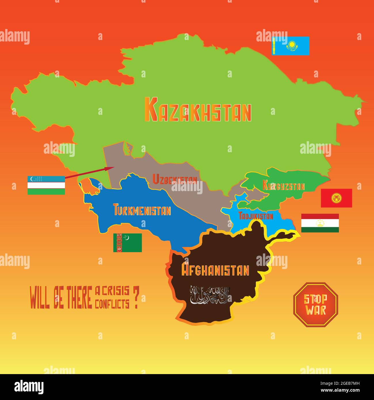 Carte de l'Asie centrale avec l'Afghanistan capturée par les Taliban. Le signe taliban sur la carte de l'Afghanistan. Les voisins du nord de l'Afghanistan après les Talibans Banque D'Images