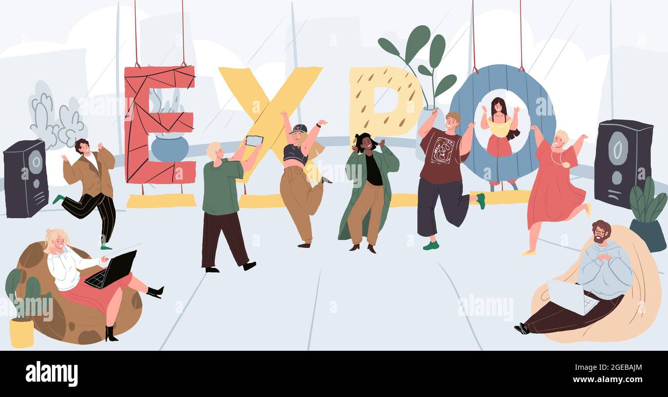 Personnages de dessin animé et grands caractères de texte « expo », concept d'illustration vectorielle Illustration de Vecteur