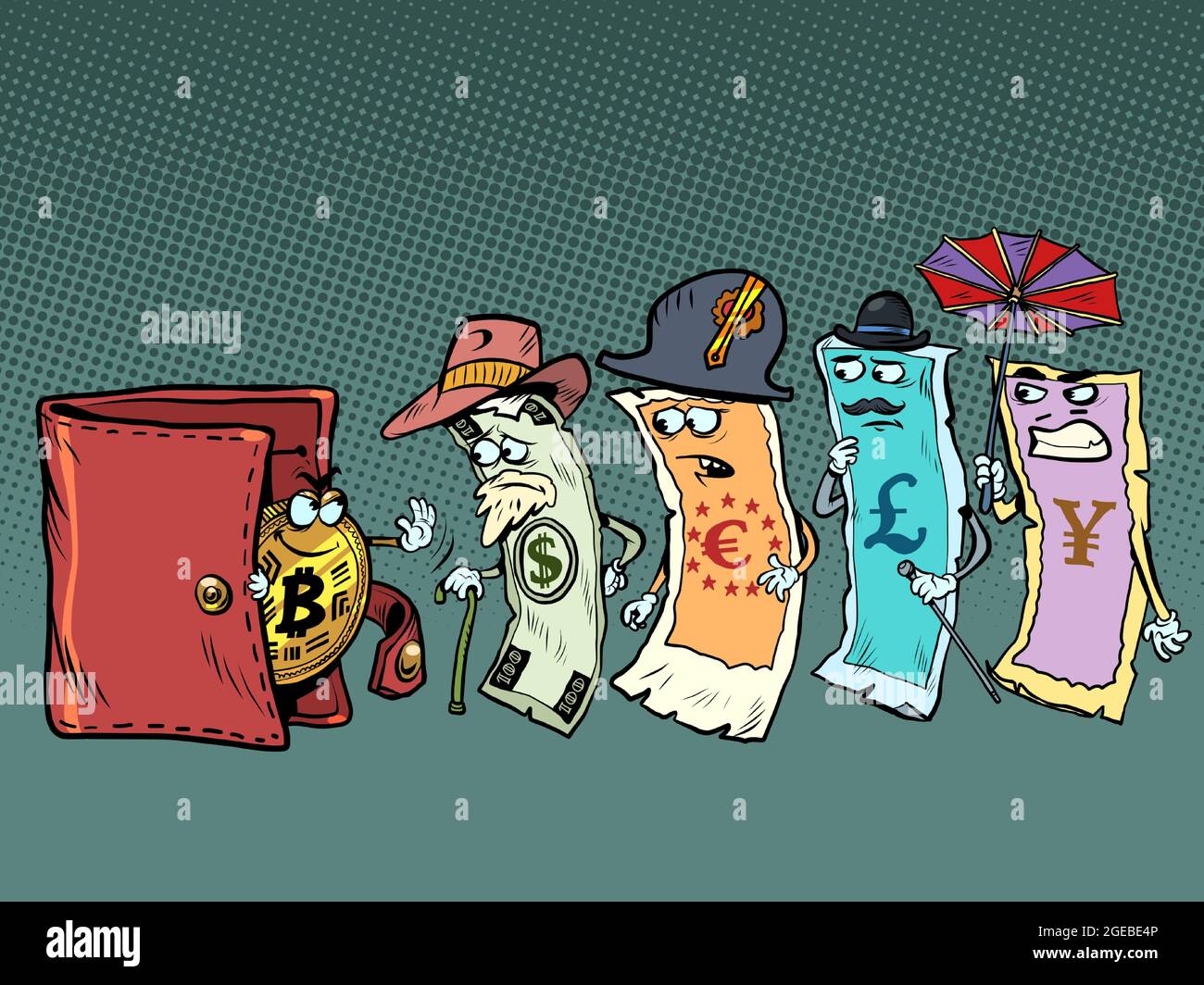 Le Bitcoin ne permet pas à l'argent comptant dans le portefeuille la monnaie de différents pays Illustration de Vecteur