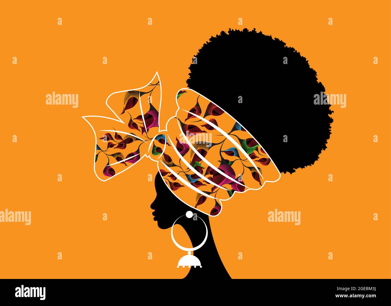 Portrait belle femme africaine en turban traditionnel motif tribal fait à la main fleurs de mariage, tête Kente envelopper africain avec des boucles d'oreilles ethniques, wome noir Illustration de Vecteur