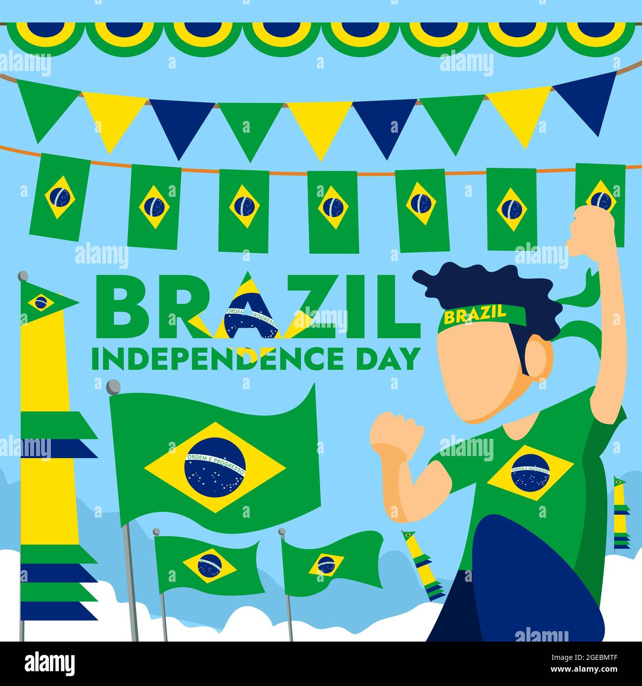 Homme avec le drapeau brésilien qui s'exécute sur le nuage approprié pour le Brésil de jour de l'indépendance Illustration Illustration de Vecteur