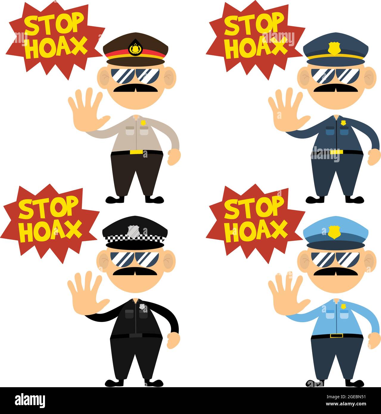 Jeu de policiers en caricature avec différents uniformes adaptés à la cyber police ou à la prévention des canulars Illustration Illustration de Vecteur