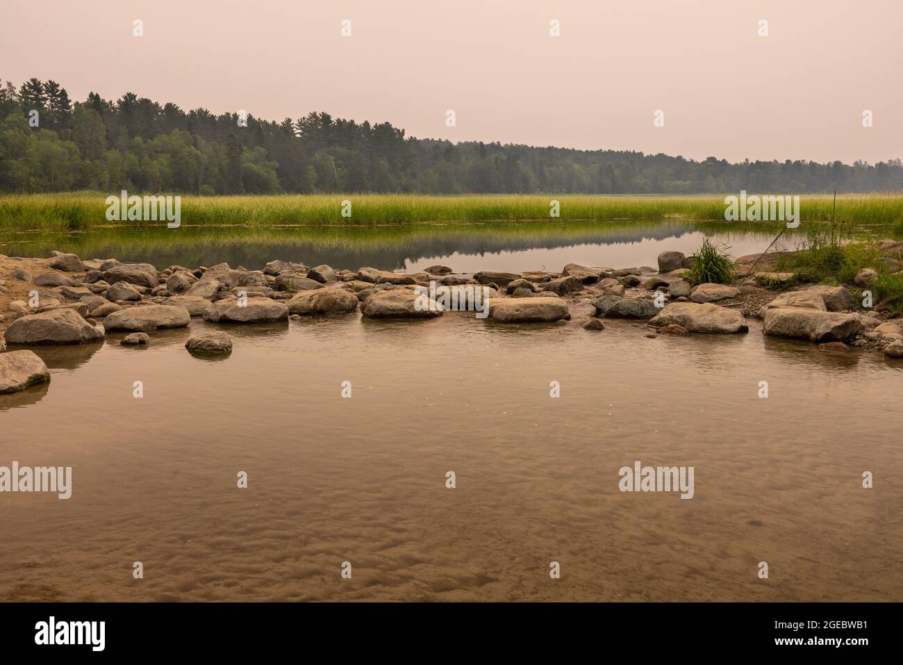 Les sources du fleuve Mississippi au lac Itasca. Il y a une brume fumée des feux de forêt. Banque D'Images