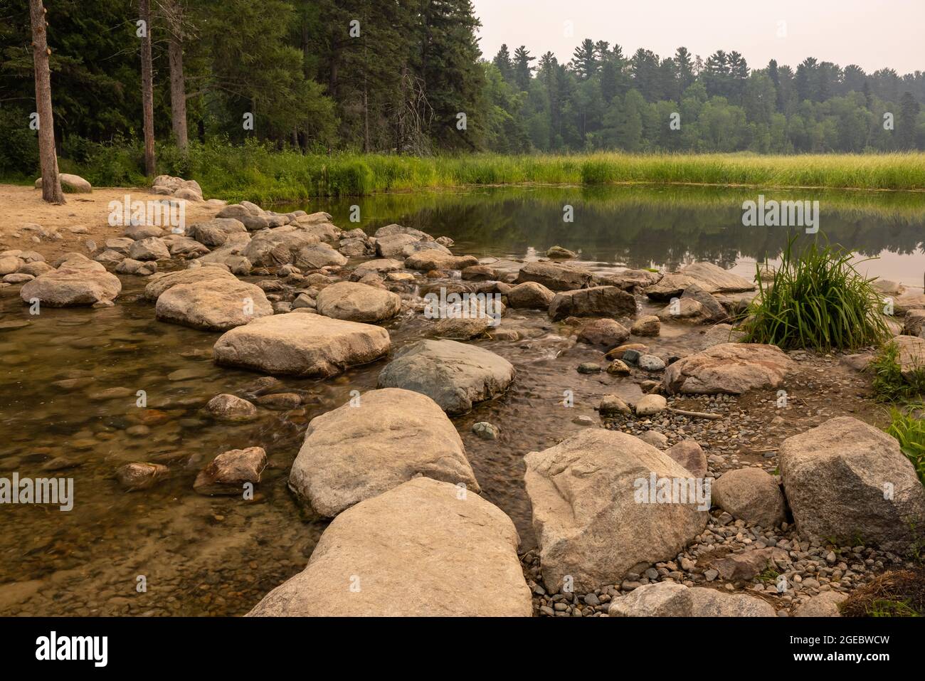 Les sources du fleuve Mississippi au lac Itasca. Il y a une brume fumée des feux de forêt. Banque D'Images