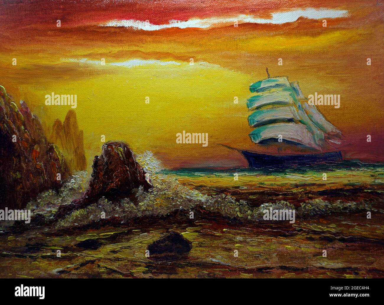 Art huile peinture voilier , barque en mer de thaïlande , junk boat , Arts visuels Banque D'Images