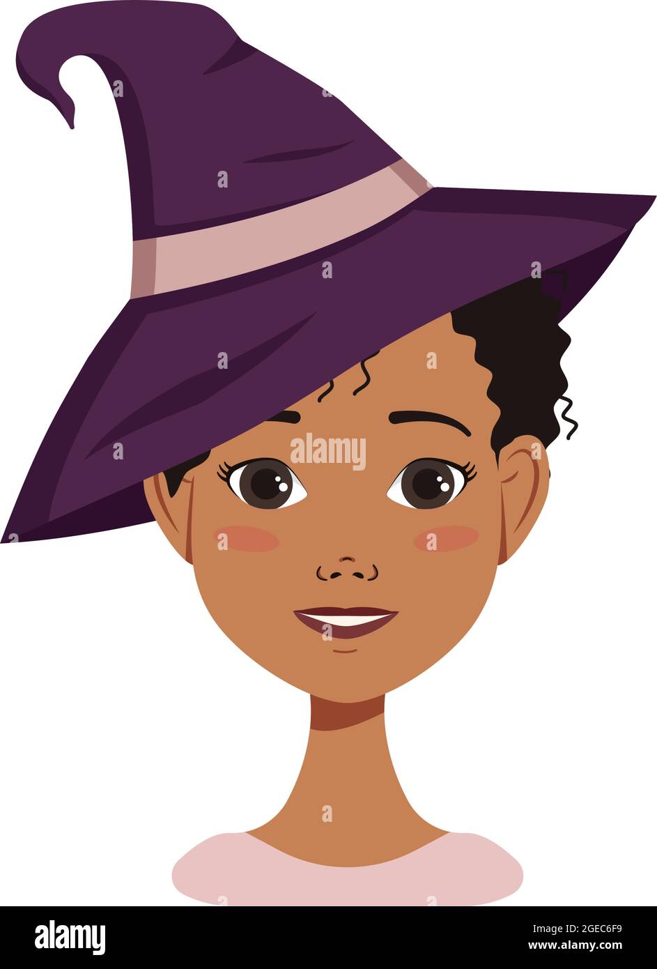 Avatar d'une femme afro-américaine aux cheveux bouclés noirs avec des émotions de joie et de bonheur, sourire et chapeau de sorcière. Personnage d'Halloween en costume Illustration de Vecteur