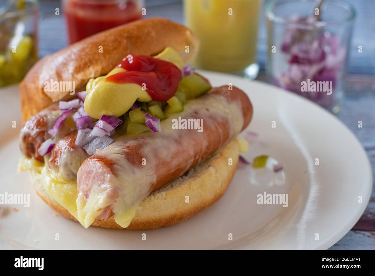 Hot dog au fromage, oignons rouges hachés, cornichons, moutarde et ketchup sur une assiette. Repas rapide fait maison Banque D'Images