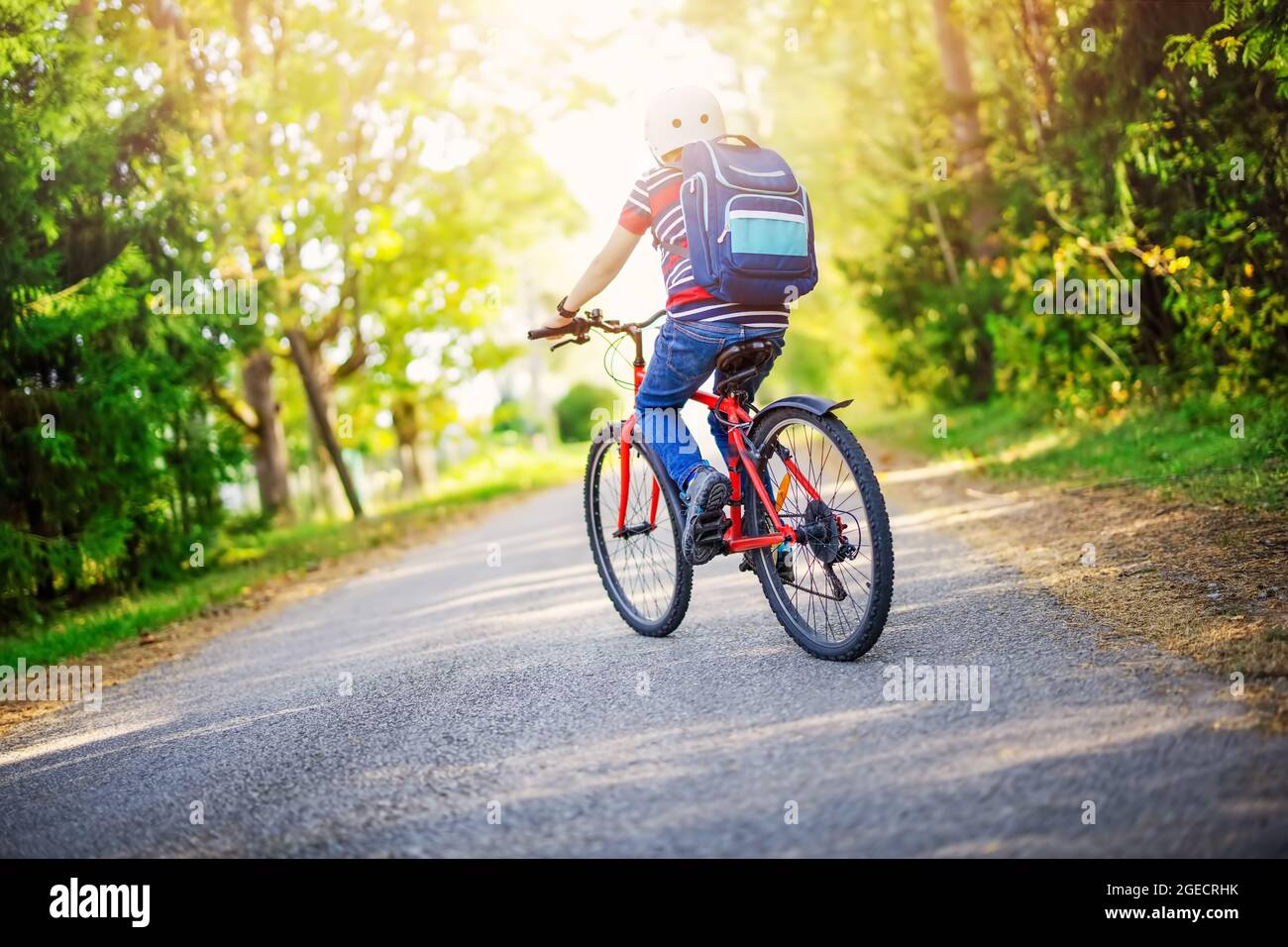Adolescent sur la bicyclette sur la route asphaltée à l'école Banque D'Images