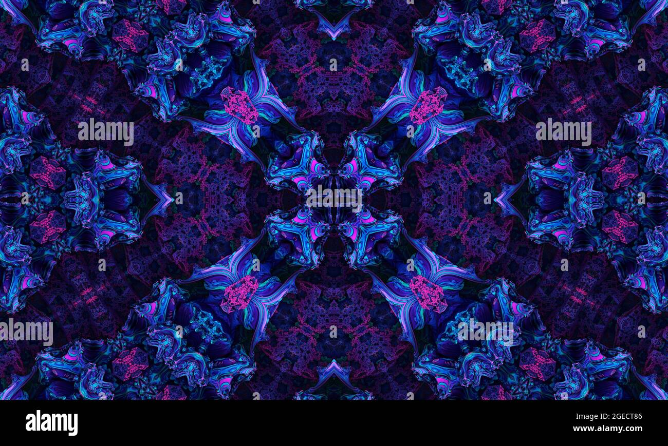 Arrière-plan abstrait ultra violet, fleurs tropicales de Bougainvillea avec effet kaléidoscope, motif floral mandala. Banque D'Images