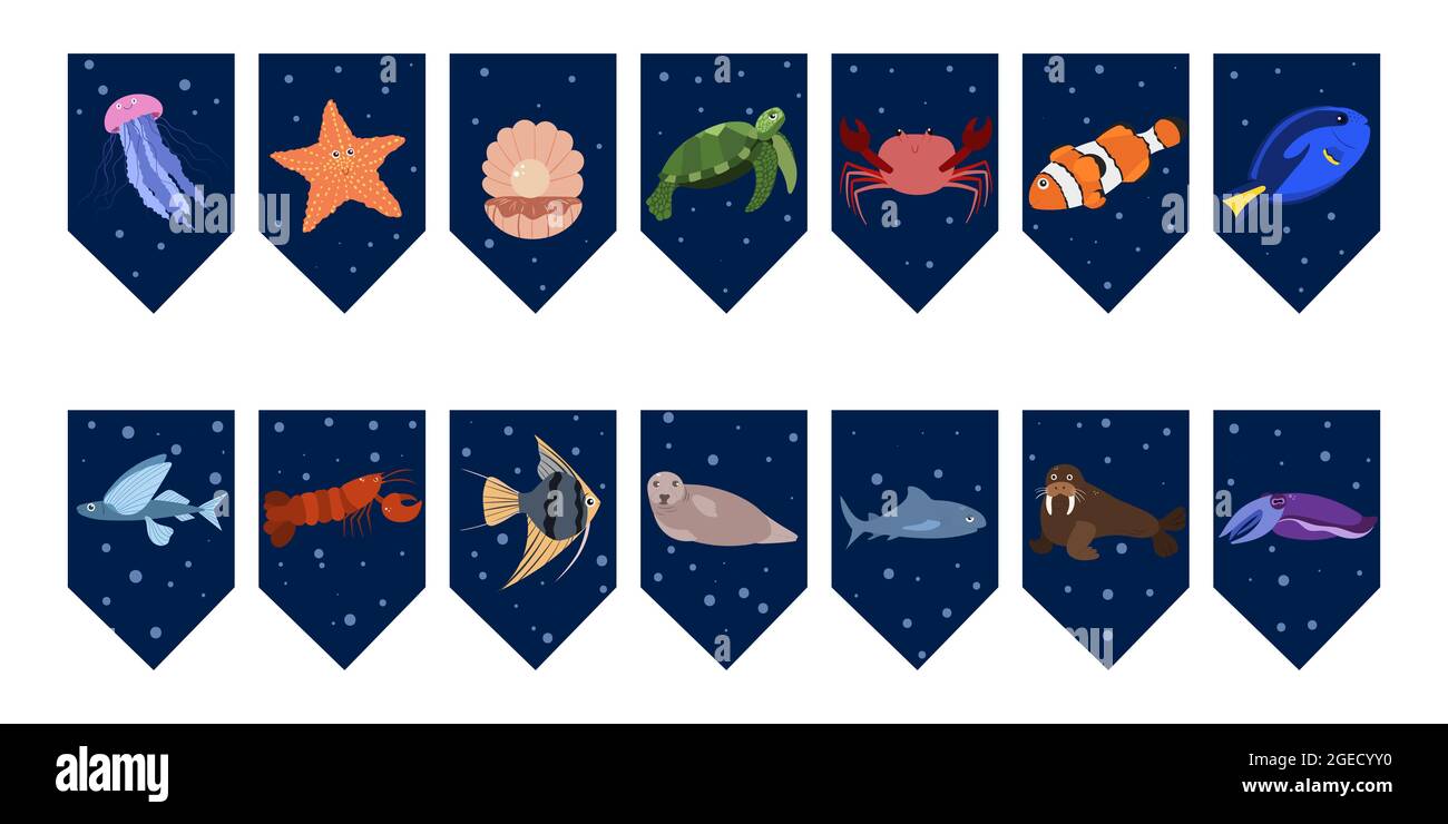 Drapeaux guirlande pour la fête d'anniversaire avec des animaux de mer sur fond bleu foncé coloré. Méduse, tortue et crabe, requin. Illustration enfant dessinée à la main. Ensemble de conception de banderoles vectorielles. Illustration de Vecteur