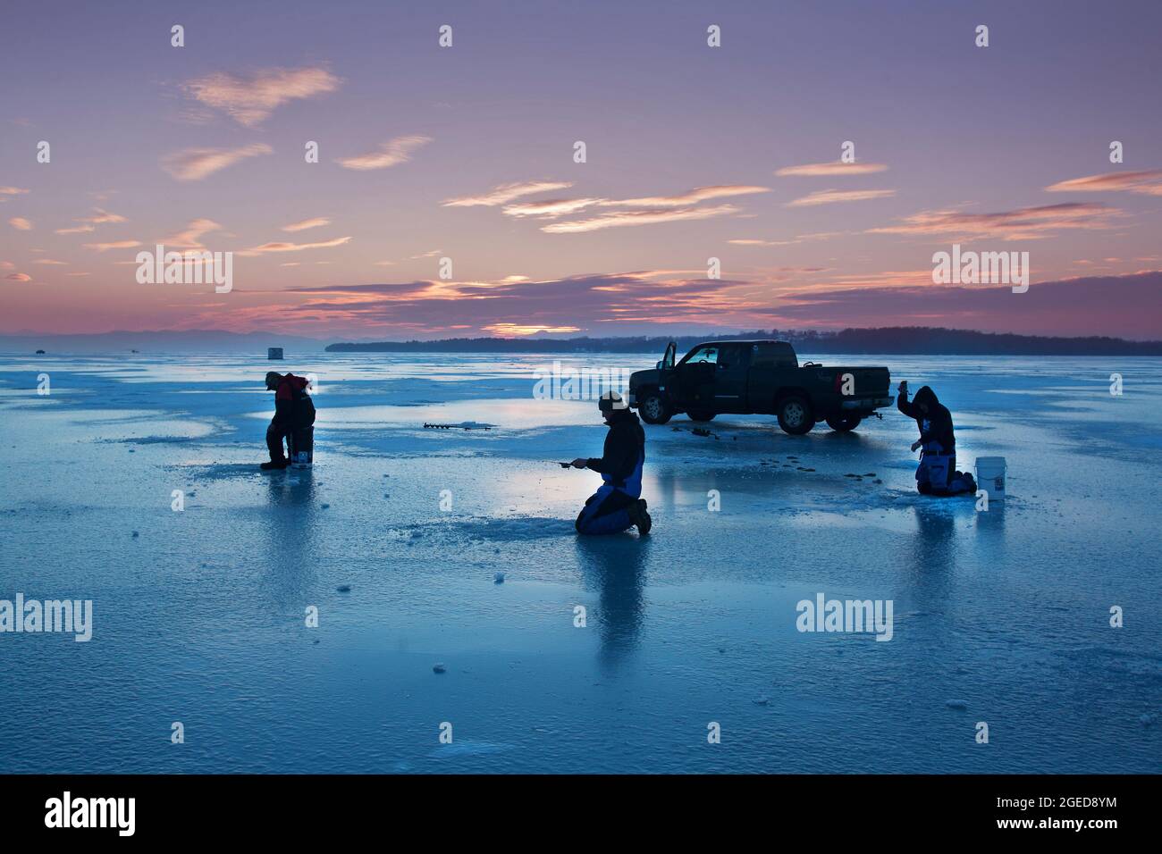 Pêche sur glace Sand Bar Milton, Verrmont Banque D'Images
