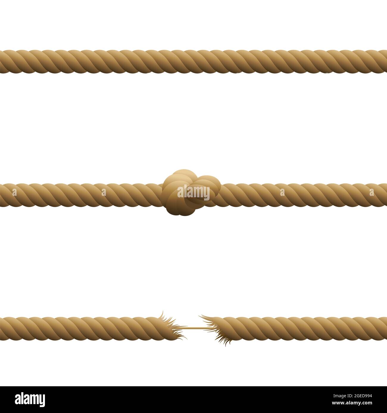 Cordes - intactes, avec nœud et suspendues par un fil avec des extrémités tendues effilochées maintenues ensemble par une corde fine - illustration sur fond blanc. Banque D'Images