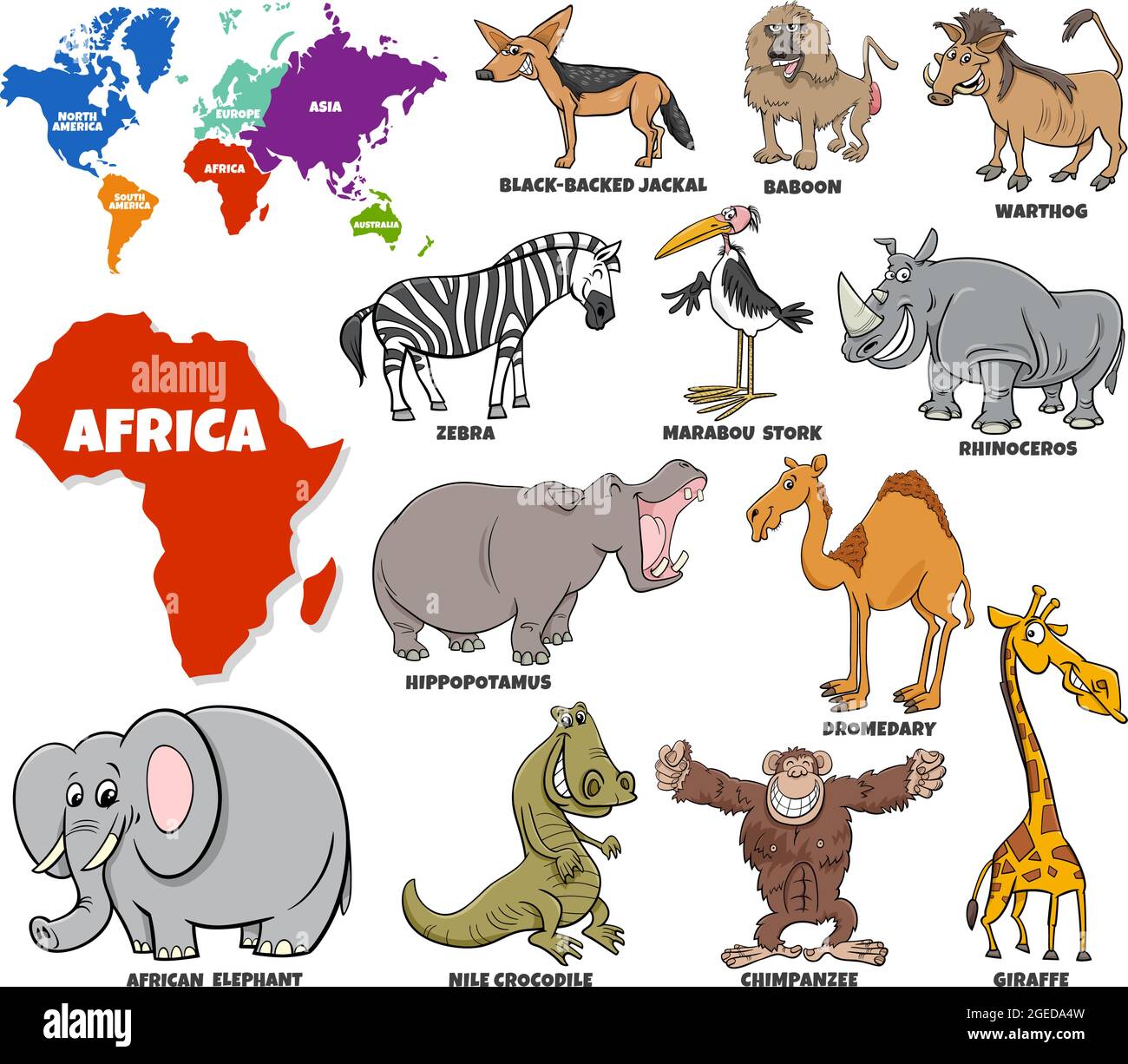 Illustration de dessins animés éducatifs de personnages animaux africains et carte du monde avec des formes de continents Illustration de Vecteur
