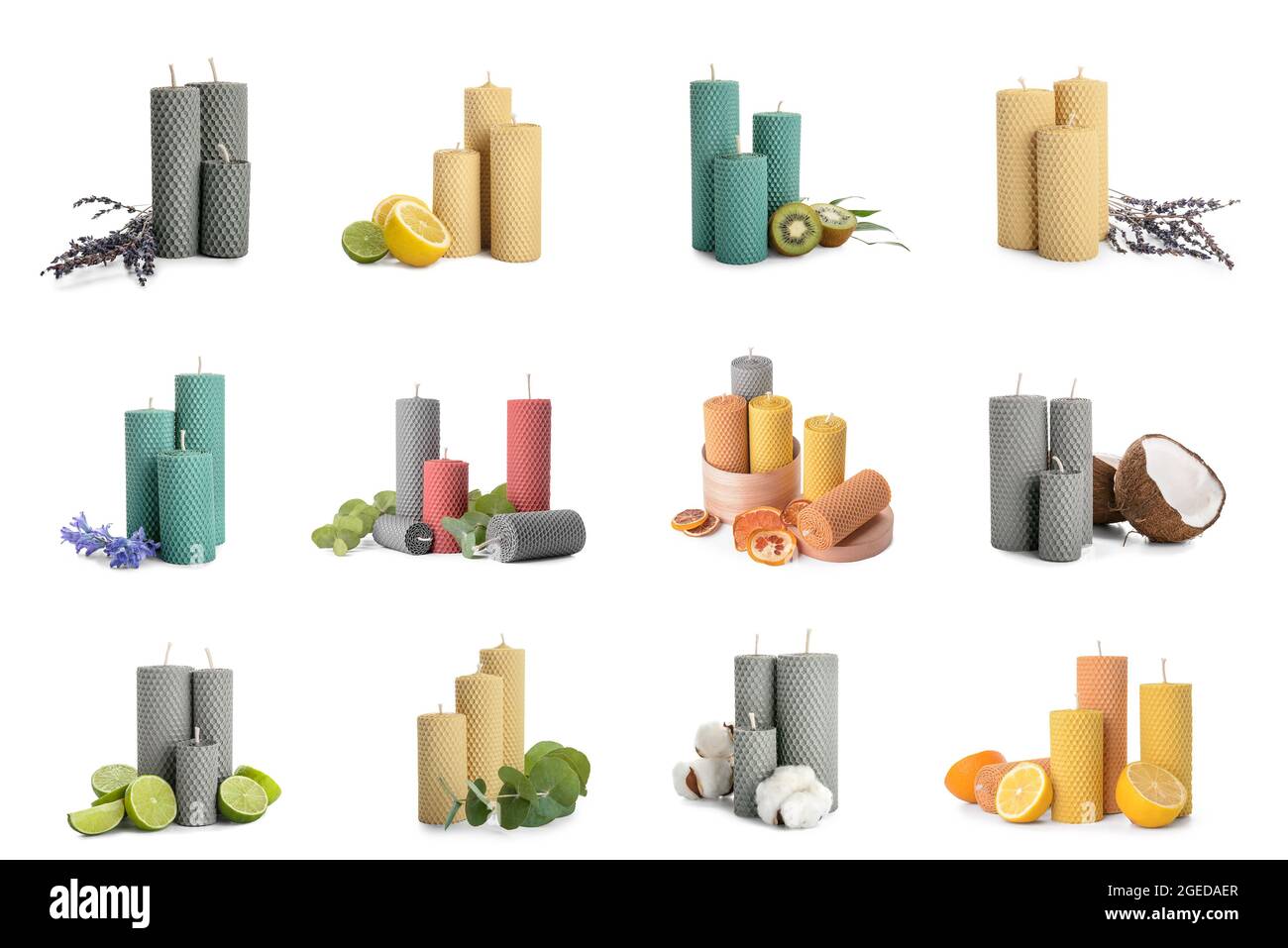 Ensemble de différentes bougies aromatiques isolées sur blanc Banque D'Images