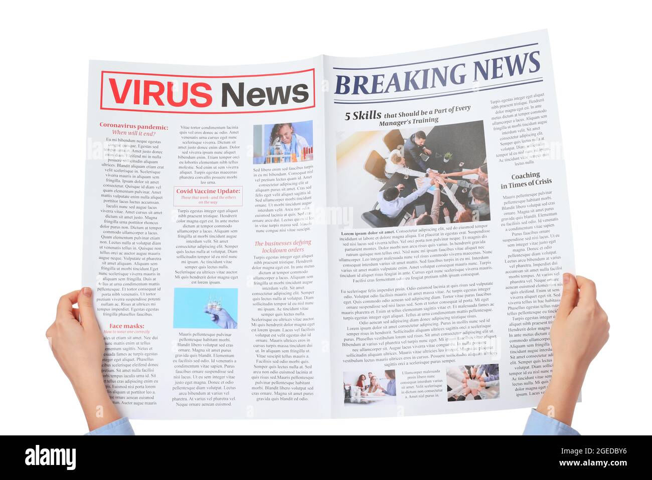 Mains de femmes et journal sur fond blanc Banque D'Images