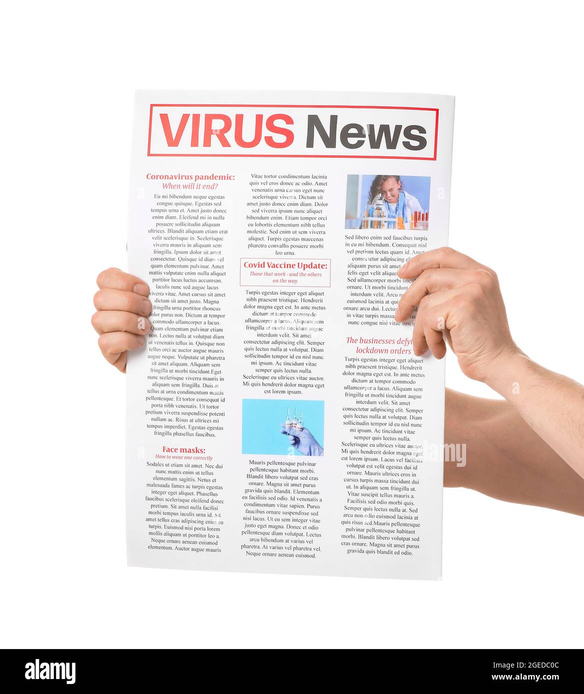 Mains et journal masculins sur fond blanc Banque D'Images