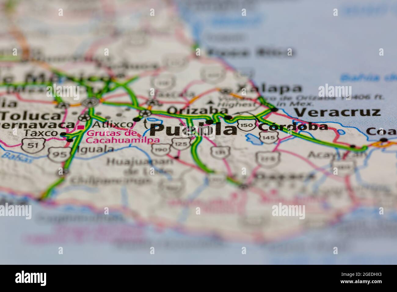 Puebla Mexico sur une carte routière ou une carte de la géographie Banque D'Images