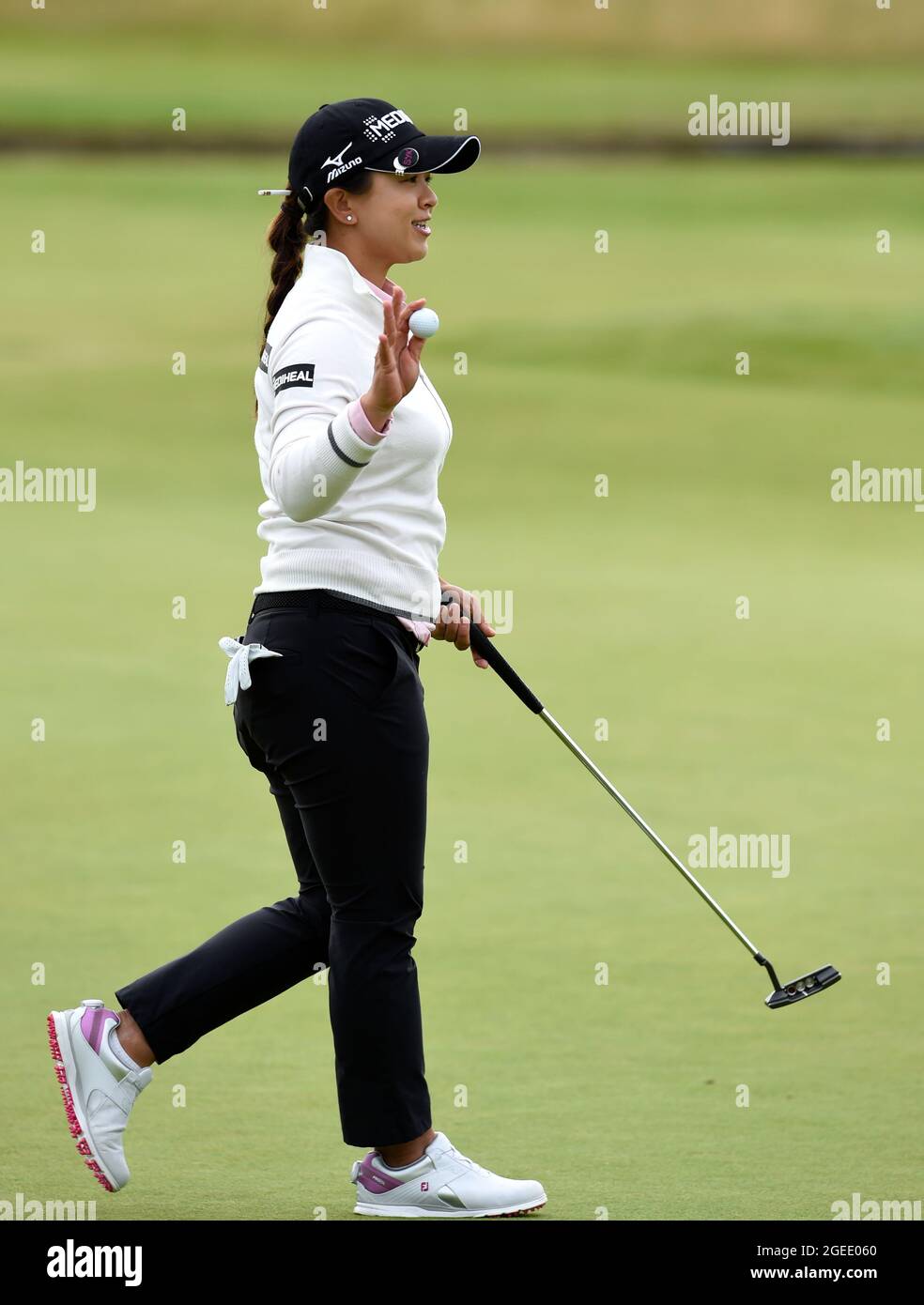 Le Sei Young Kim de Corée du Sud réagit sur le 18e vert pendant le premier jour de l'AIG Women's Open à Carnoustie. Date de la photo: Jeudi 19 août 2021. Voir PA Story GOLF Women. Le crédit photo devrait se lire comme suit : Ian Rutherford/PA Wire. RESTRICTIONS : l'utilisation est soumise à des restrictions. Utilisation éditoriale uniquement, aucune utilisation commerciale sans le consentement préalable du détenteur des droits. Banque D'Images