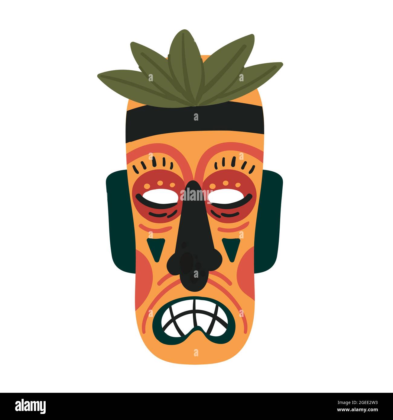 Masque Tiki, illustration vectorielle ethnique colorée du totem. Modèle de masque de dessin animé, ancien visage tribal tropical en bois de Dieu tiki pour la cérémonie dans la tribu isolée sur blanc Illustration de Vecteur