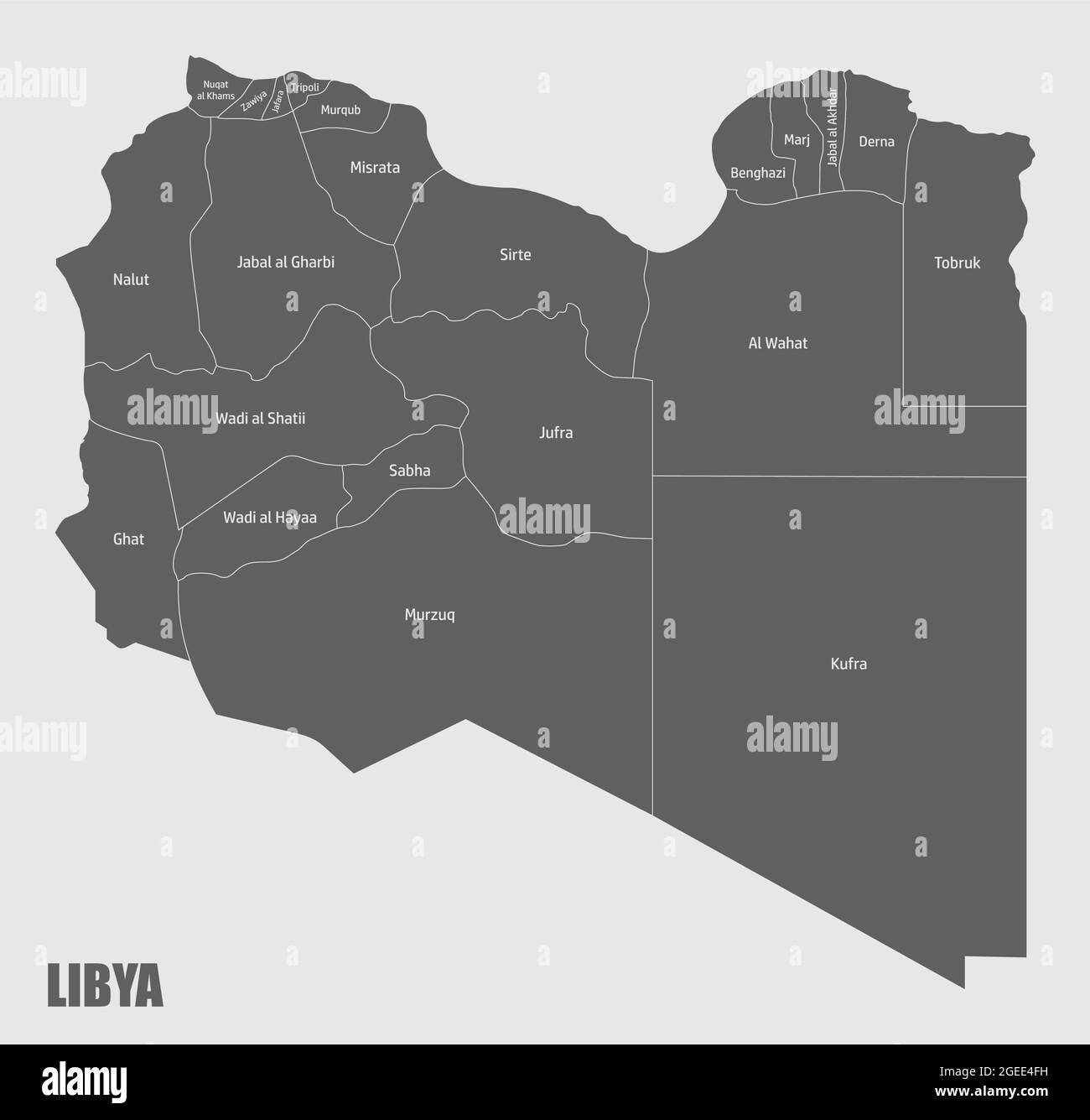 La carte isolée de la Libye est divisée en districts avec des étiquettes Illustration de Vecteur