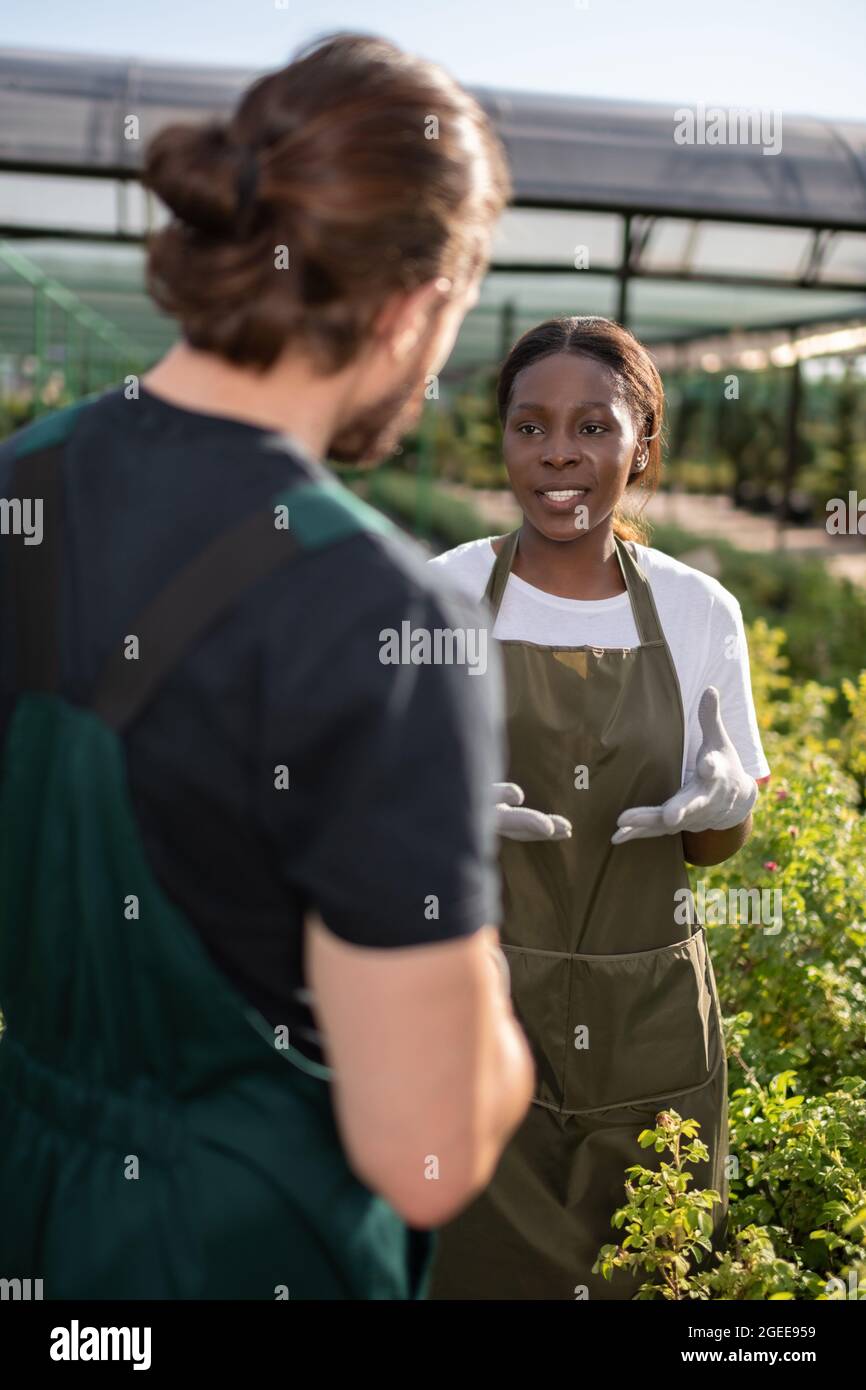 Femme afro-américaine parlant avec l'homme pendant le travail le jour d'été à la ferme Banque D'Images