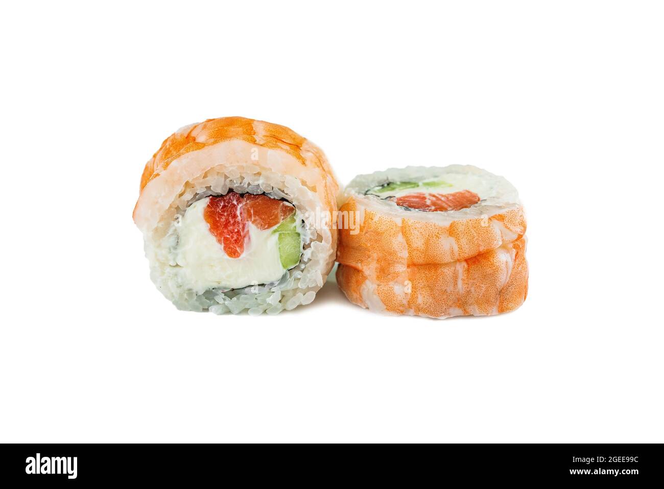 petits pains à sushis japonais aux crevettes sur fond blanc Banque D'Images