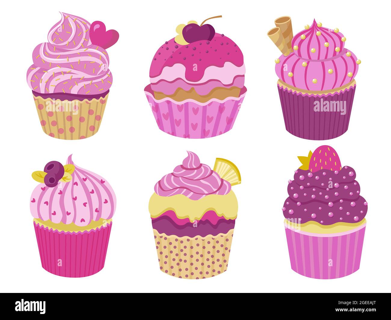 Ensemble de petits gâteaux à la crème et aux baies. Un délicieux désert avec une décoration différente. Collection de muffins aux saupoudrés roses et violets. Vecteur Illustration de Vecteur