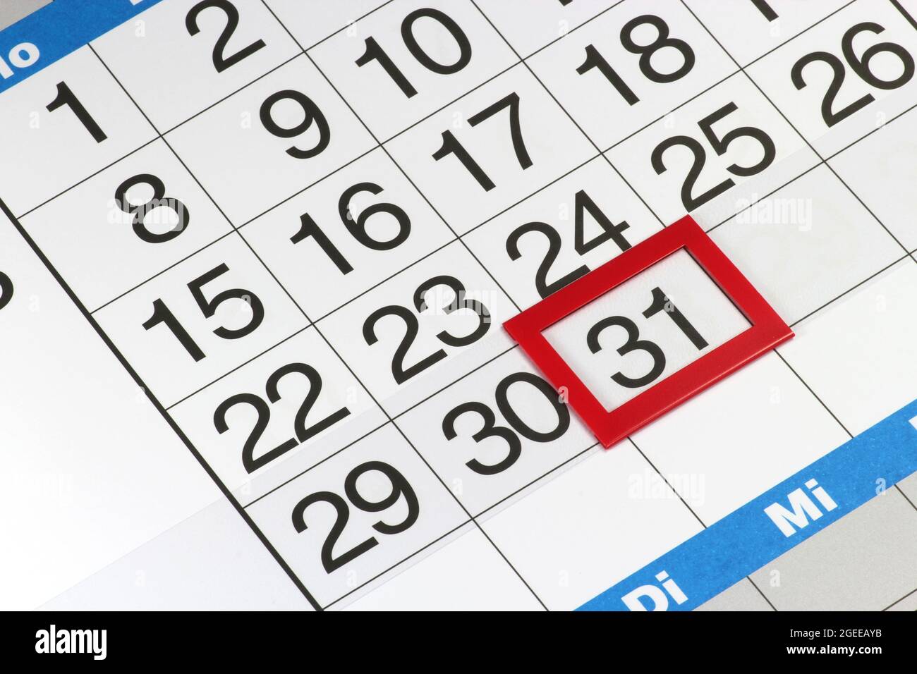 calendrier indiquant le dernier jour d'un mois Banque D'Images