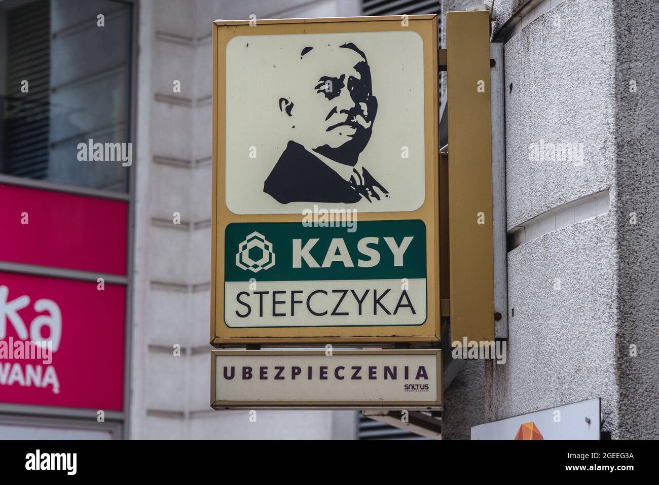 Signe d'un bureau de la coopérative de crédit SKOK à Varsovie, en Pologne Banque D'Images