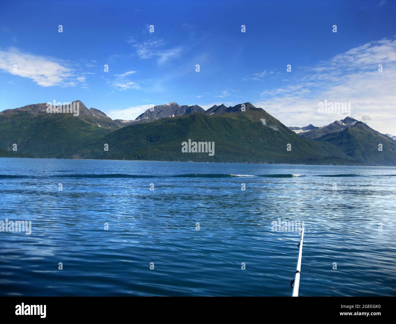 La canne à pêche se trouve dans le coin inférieur droit de l'image. Les pêcheurs profitent de la vue sur les montagnes de Chugach tout en pêchant dans la baie de Valdez. Banque D'Images