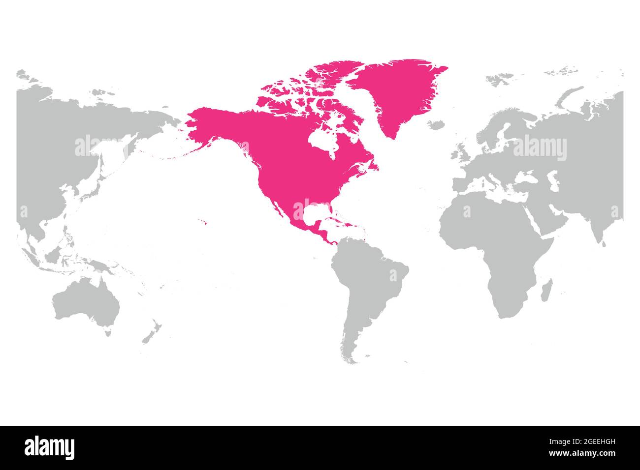 Amérique du Nord continent rose marqué en gris silhouette de l'Amérique centré sur la carte du monde. Illustration simple à vecteur plat. Illustration de Vecteur