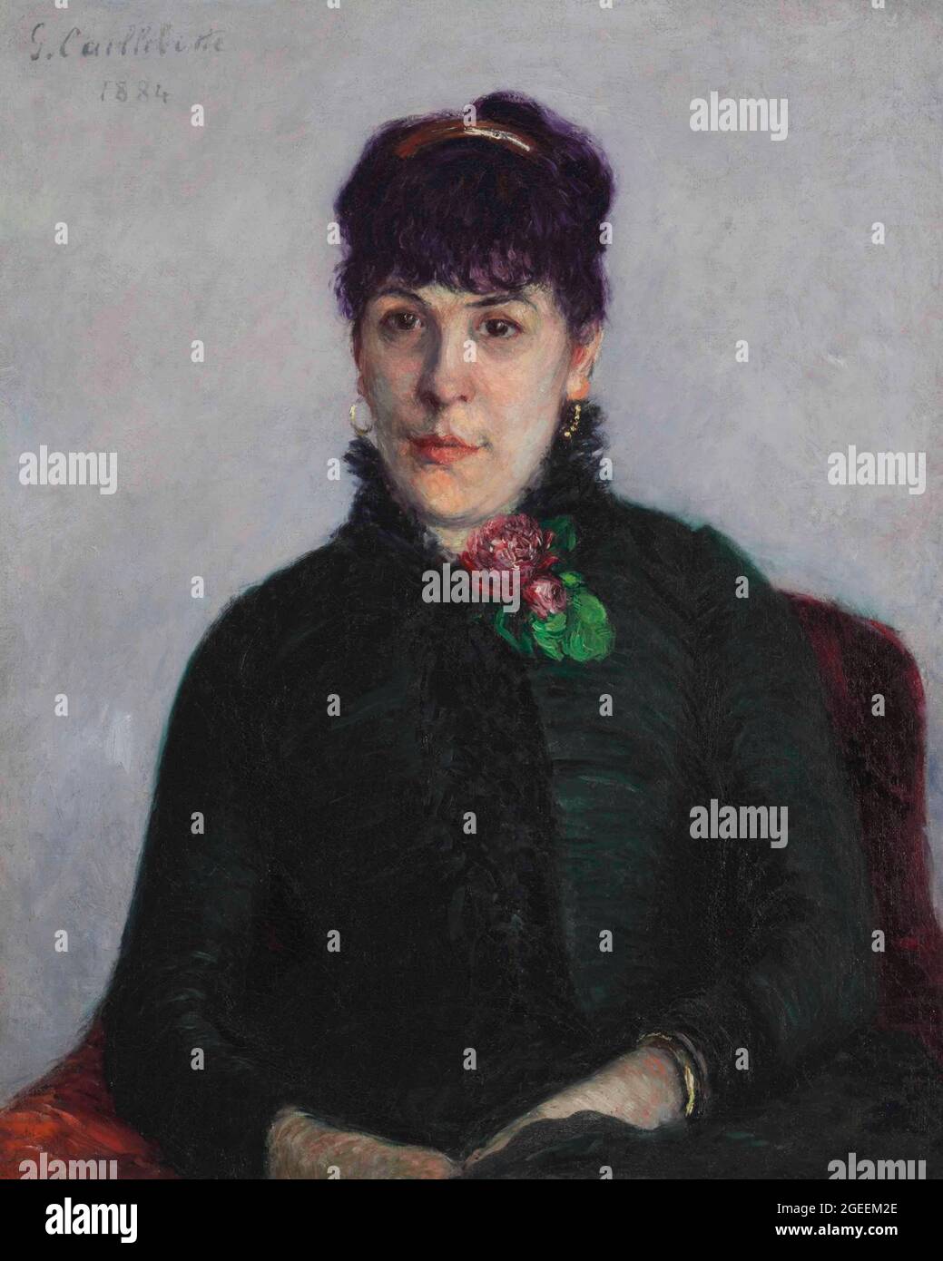 Titre: Femme avec une Rose, Créateur: Gustave Caillebotte Date: 1884 Moyen: Huile sur toile dimension: 72.7x60.3 cms lieu: Collection privée Banque D'Images