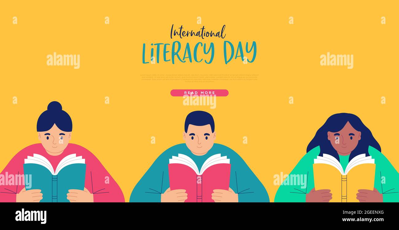 Happy Literacy Day modèle Web illustration de fond de divers jeunes enfants groupe de caractères lecture livre de devoirs avec texte d'espace de copie. Illustration de Vecteur