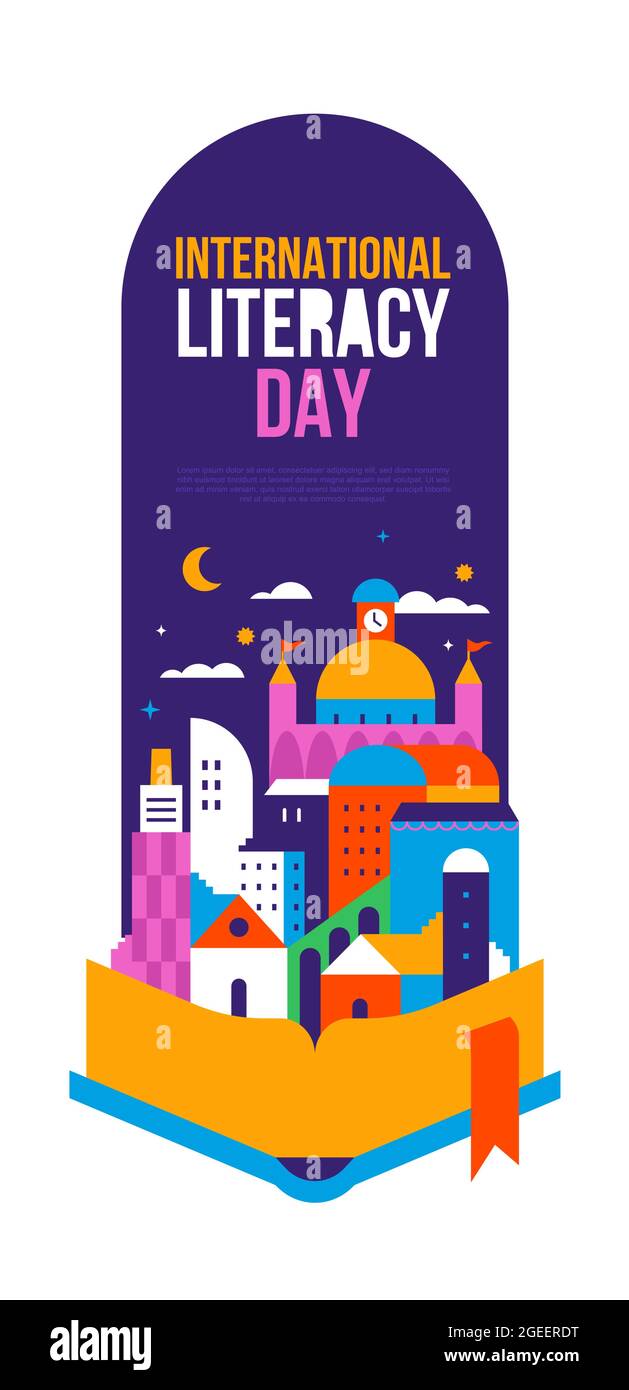 Modèle d'illustration de l'affiche de la Journée internationale de l'alphabétisation. Livre d'histoire pour enfants de style plat coloré avec paysage urbain et maisons pour la lecture d'enfants imagin Illustration de Vecteur
