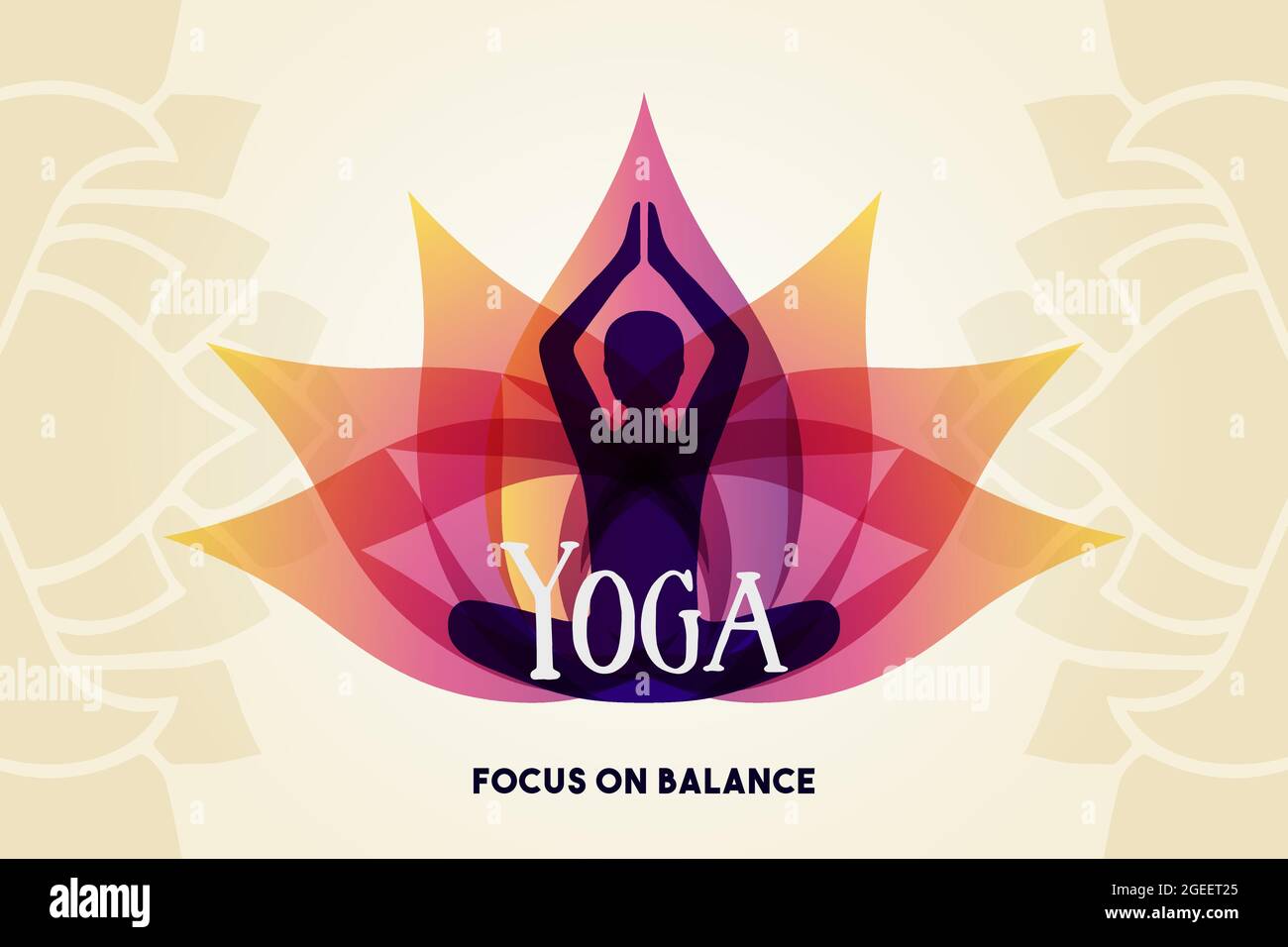 Yoga balance web bannière illustration de la silhouette de corps de femme faisant la méditation pose avec la fleur de lotus. Illustration de Vecteur