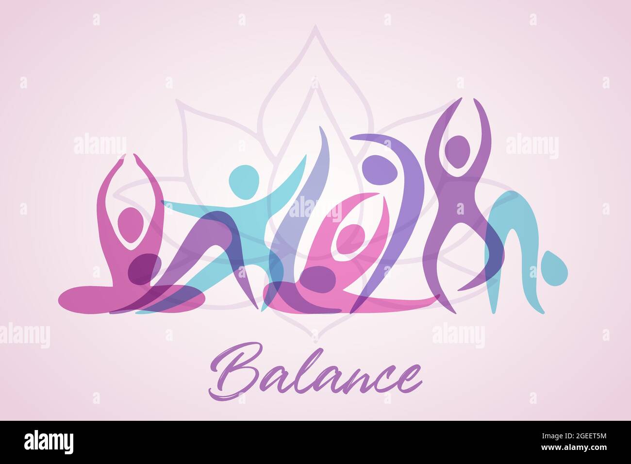 Balance de yoga illustration de personnes exercice groupe faire la méditation pose avec des formes abstraites. Concept de santé et d'esprit pour le bien-être spirituel. Illustration de Vecteur