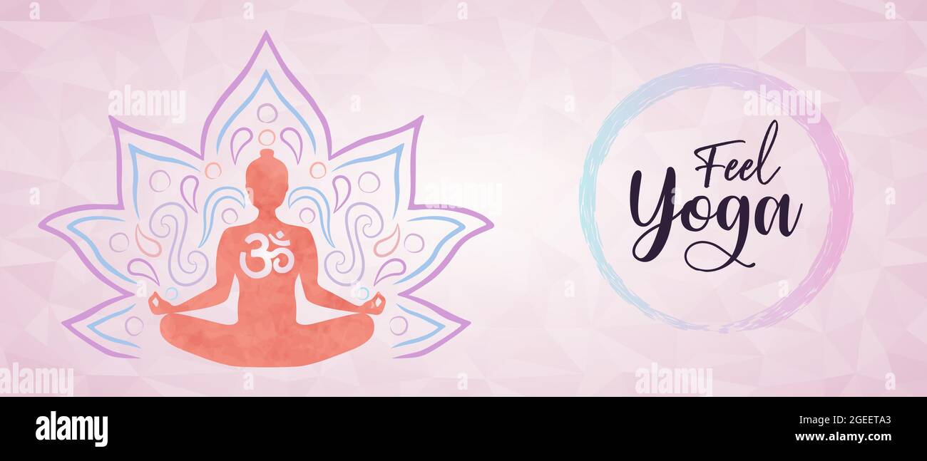 Yoga balance web bannière illustration de la culture indienne femme corps silhouette faire la méditation pose avec fleur de lotus. Illustration de Vecteur