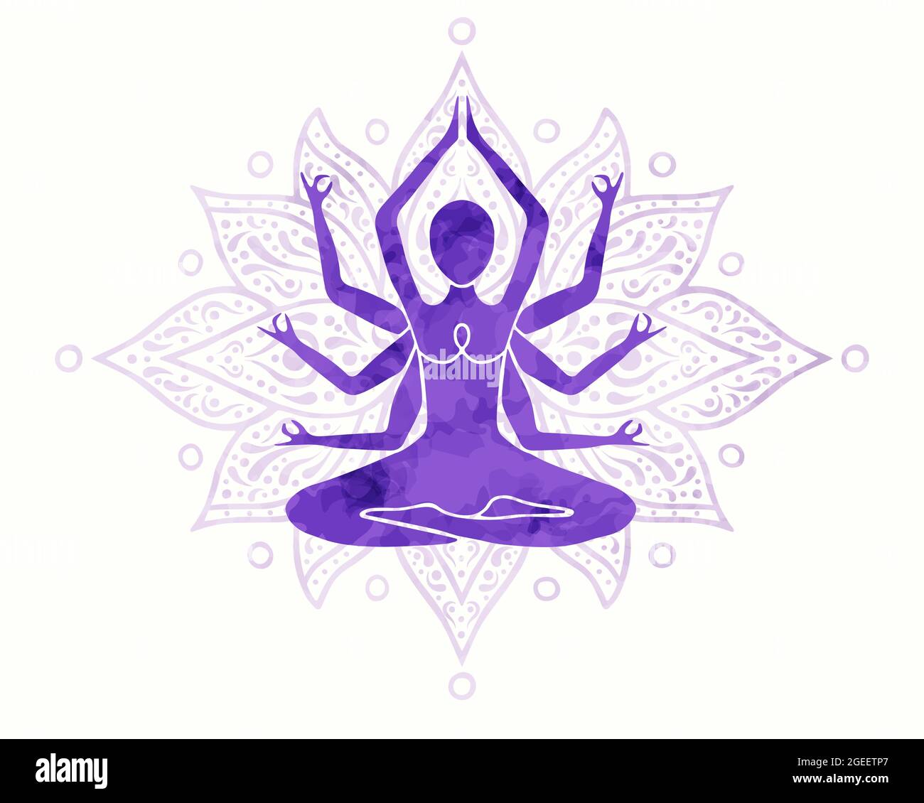 Corps de femme faisant lotus yoga poser la méditation avec texture aquarelle colorée sur fond blanc isolé. Illustration de Vecteur