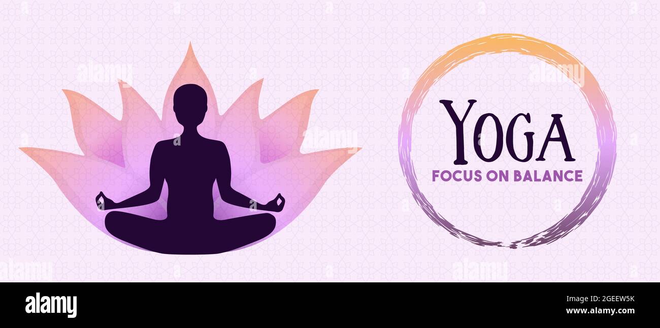Yoga balance web bannière illustration de la silhouette de corps de femme faisant la méditation pose avec la fleur de lotus. Illustration de Vecteur