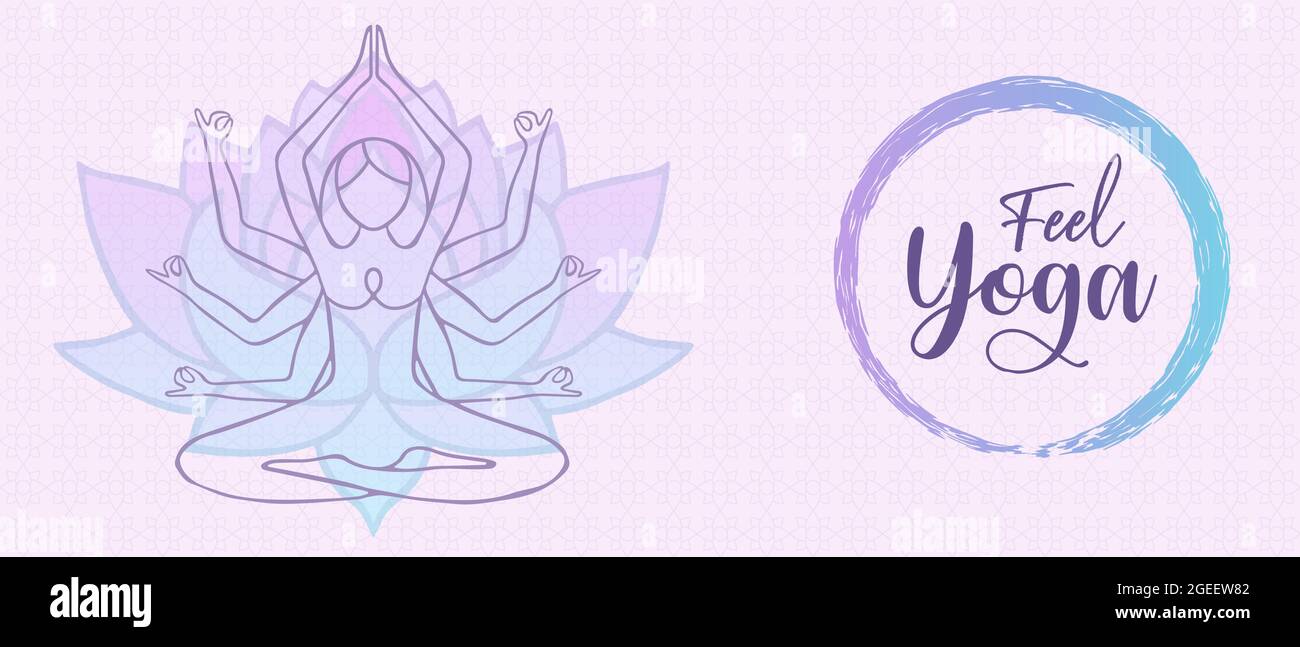 Yoga balance web bannière illustration de la culture indienne femme corps silhouette faire la méditation pose avec fleur de lotus. Illustration de Vecteur