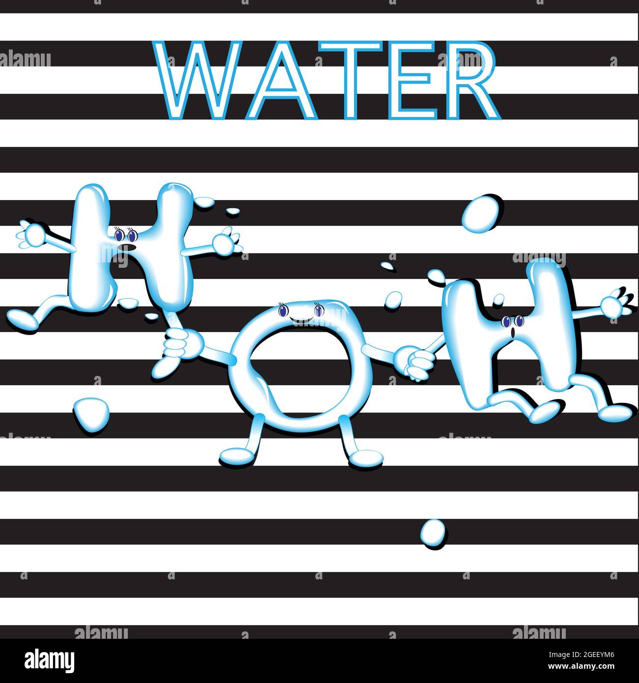 Formule chimique de l'eau, deux hydrogènes, et un oxygène, chimie drôle, structure de la molécule d'eau, aqua Illustration de Vecteur