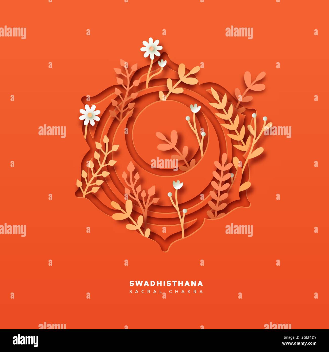 Illustration de la forme de l'enseigne PaperCut sacral chakra avec des plantes 3d réalistes et une décoration de feuilles de nature artisanale en papier. Symbole du yoga du swadhisthan traditionnel Illustration de Vecteur