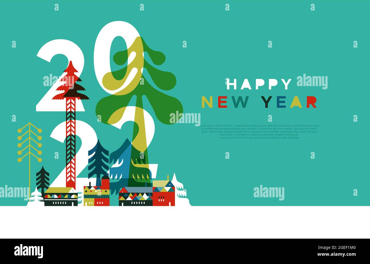 Happy New Year 2022 web template illustration, village d'hiver moderne dans le style scandinave géométrique plat avec pin, maisons de noël et copie sp Illustration de Vecteur