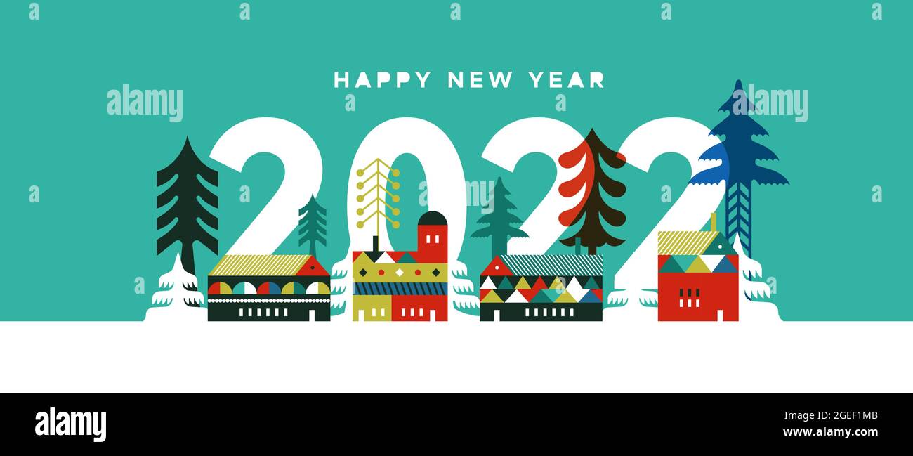 Carte de vœux du nouvel an 2022 illustrée, village d'hiver moderne dans un style scandinave géométrique plat avec pins festifs et maisons de noël Illustration de Vecteur