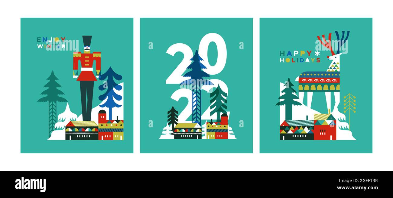 Ensemble de cartes de vœux pour le nouvel an 2022. Collection moderne d'illustrations géométriques plates de style scandinave. Ville d'hiver avec forêt de pins, dee Illustration de Vecteur